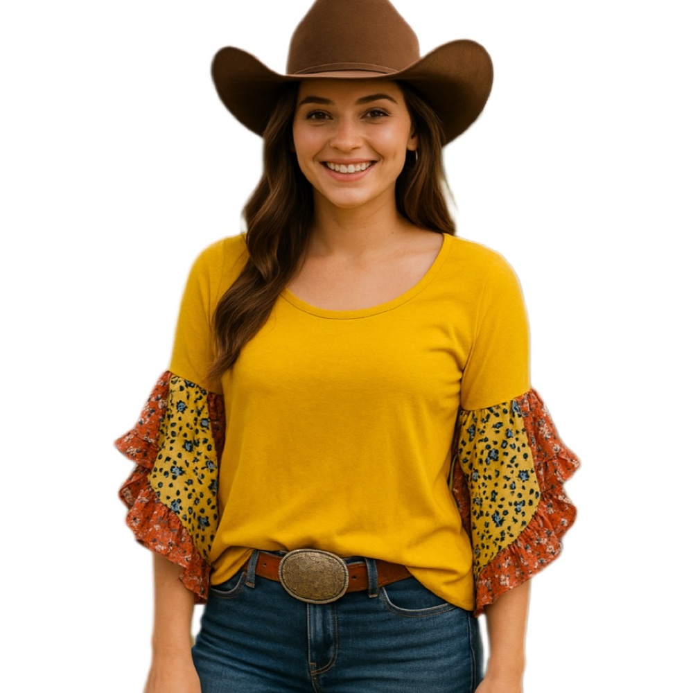 Umgee Yellow Linen Cotton Floral Ruffle Sleeve Top Sz L Bohemian Coastal Cowgirl